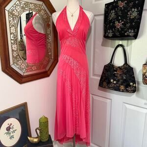VTG Y2K Love Tease Bright Coral Pink Sequin Mesh High Low Halter Maxi Dress M